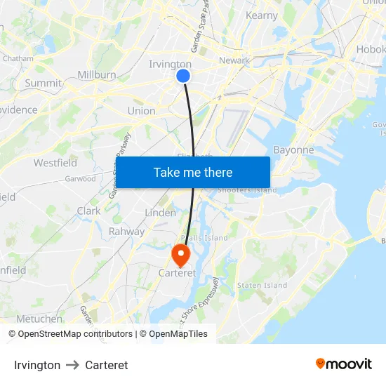 Irvington to Carteret map