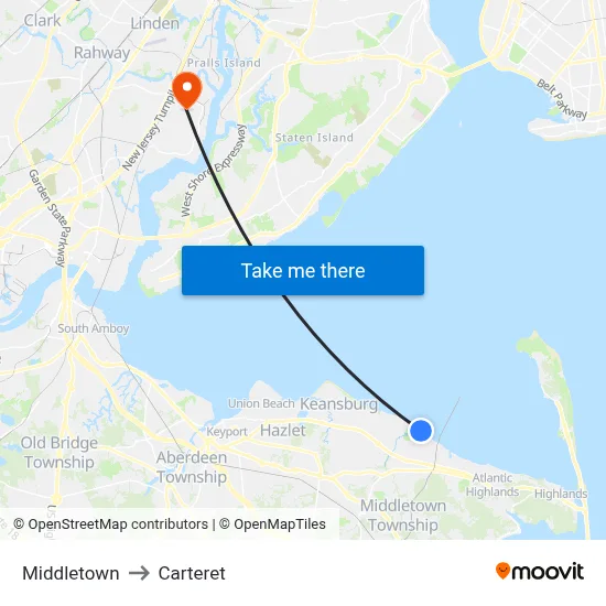 Middletown to Carteret map