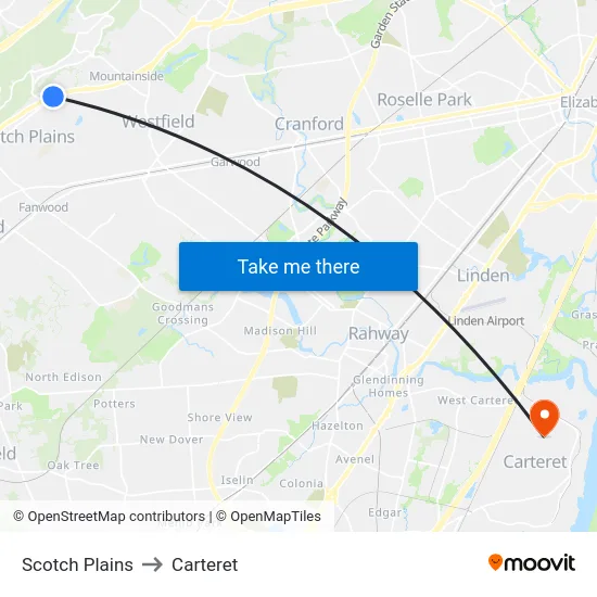 Scotch Plains to Carteret map