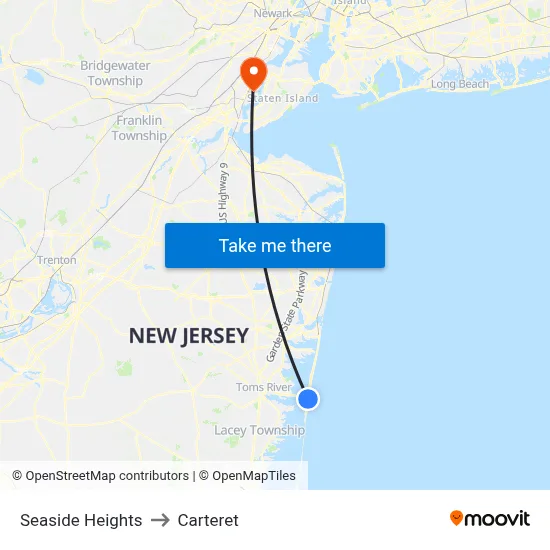 Seaside Heights to Carteret map