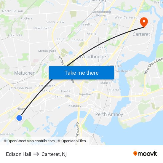 Edison Hall to Carteret, Nj map