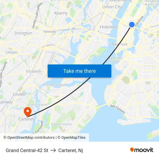 Grand Central-42 St to Carteret, Nj map