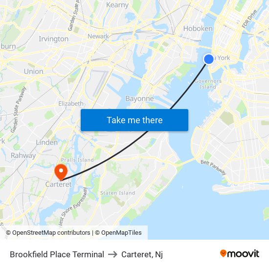 Brookfield Place Terminal to Carteret, Nj map