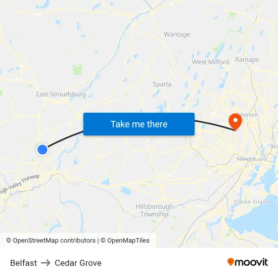 Belfast to Cedar Grove map