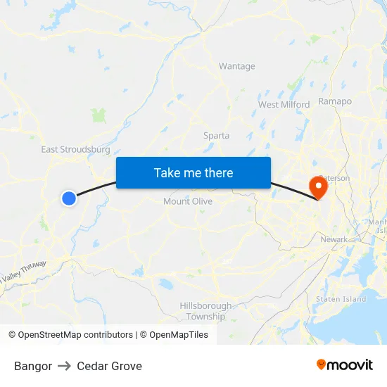 Bangor to Cedar Grove map