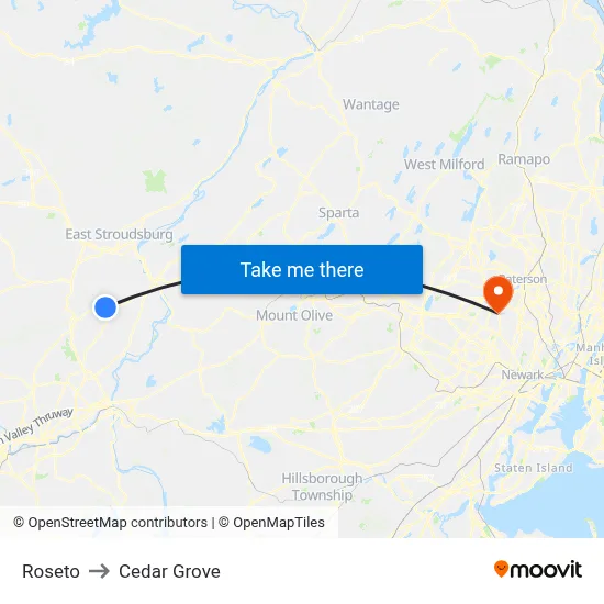 Roseto to Cedar Grove map
