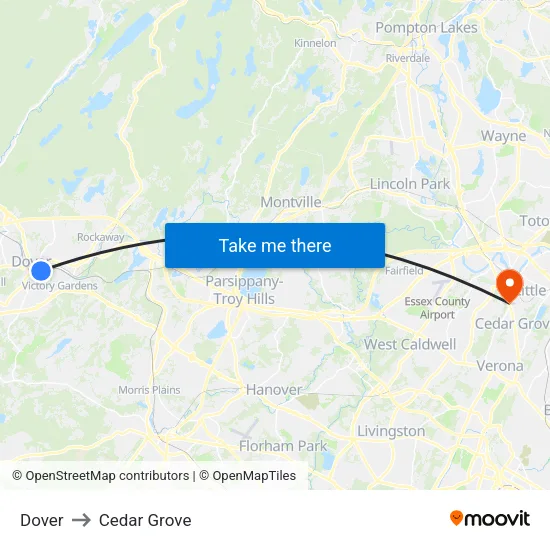 Dover to Cedar Grove map