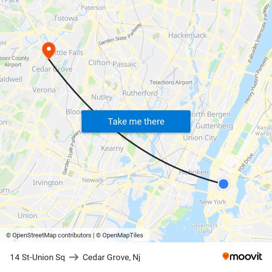 14 St-Union Sq to Cedar Grove, Nj map