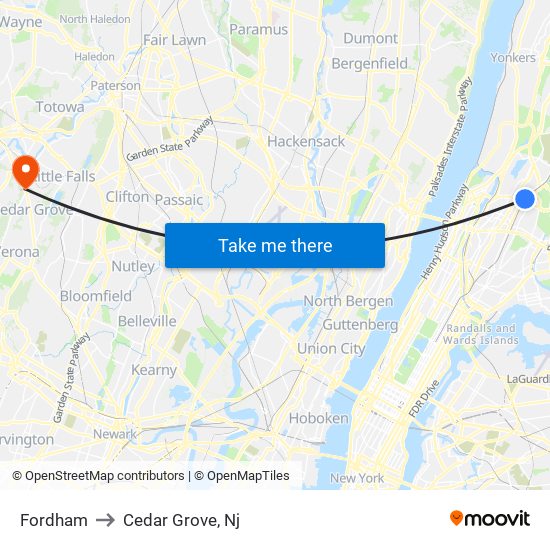 Fordham to Cedar Grove, Nj map