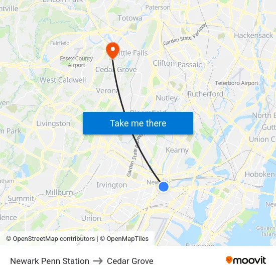 Newark Penn Station to Cedar Grove map