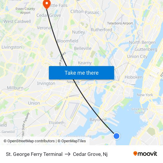 St. George Ferry Terminal to Cedar Grove, Nj map