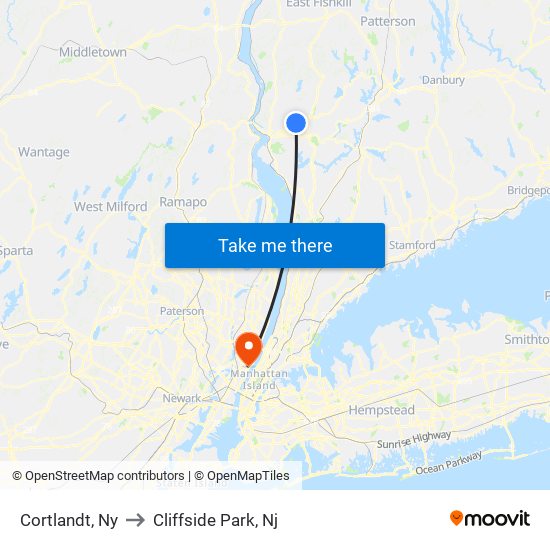 Cortlandt, Ny to Cliffside Park, Nj map