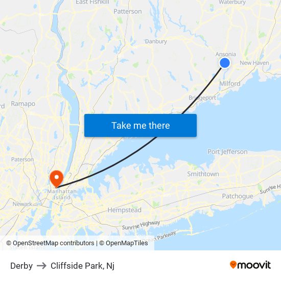 Derby to Cliffside Park, Nj map