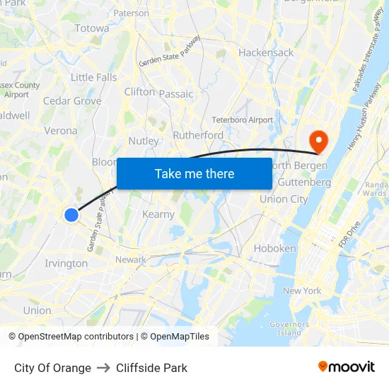 City Of Orange to Cliffside Park map