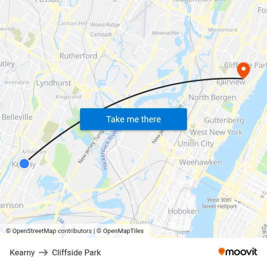 Kearny to Cliffside Park map