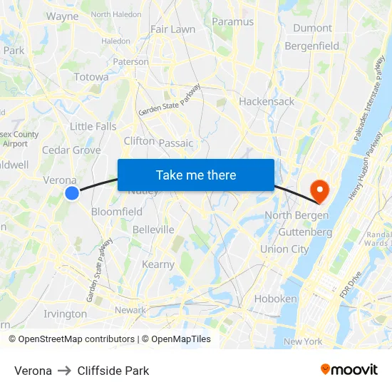 Verona to Cliffside Park map