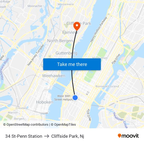 34 St-Penn Station to Cliffside Park, Nj map