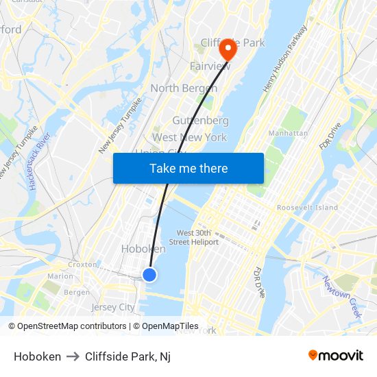 Hoboken to Cliffside Park, Nj map