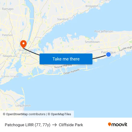 Patchogue LIRR (77, 77y) to Cliffside Park map