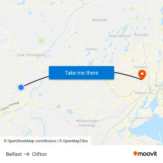 Belfast to Clifton map