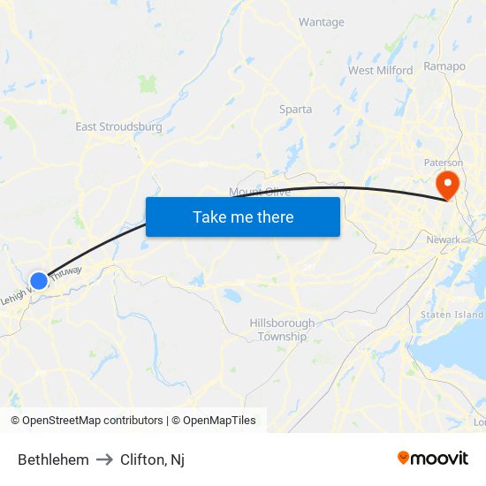 Bethlehem to Clifton, Nj map