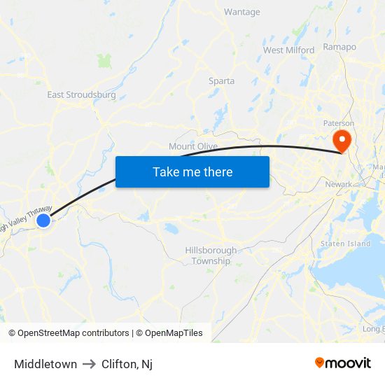 Middletown to Clifton, Nj map