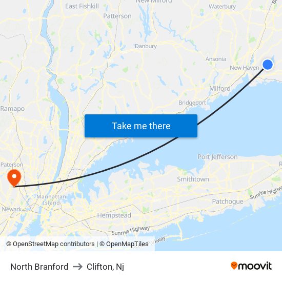 North Branford to Clifton, Nj map