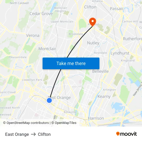 East Orange to Clifton map