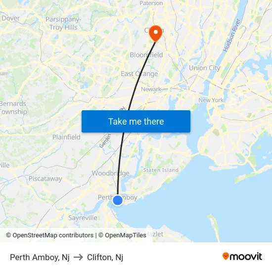 Perth Amboy to Clifton, Nj map
