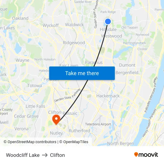 Woodcliff Lake to Clifton map
