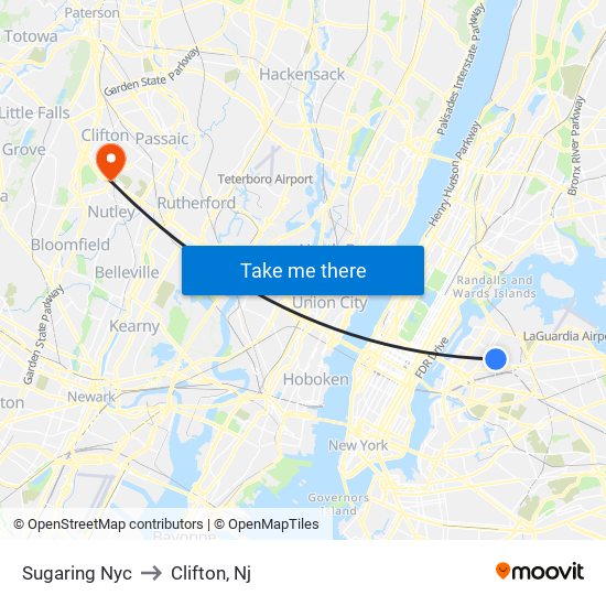 Sugaring Nyc to Clifton, Nj map