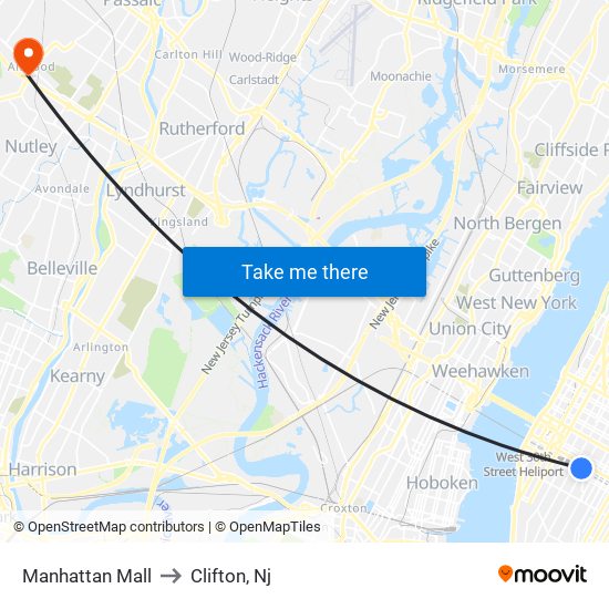 Manhattan Mall to Clifton, Nj map