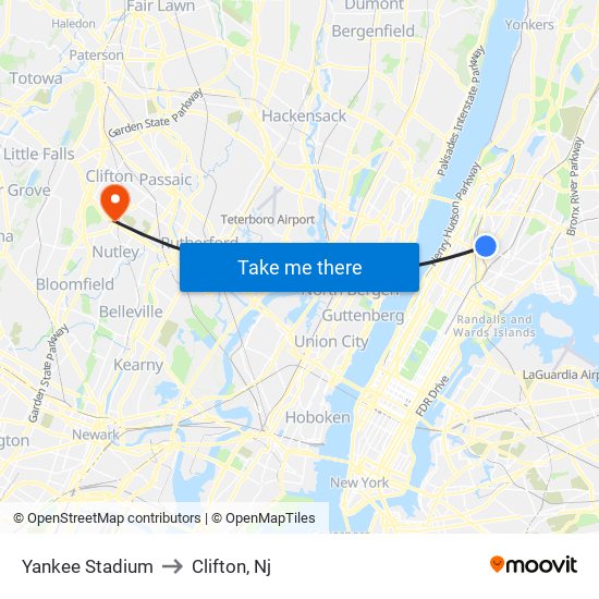 Yankee Stadium to Clifton, Nj map