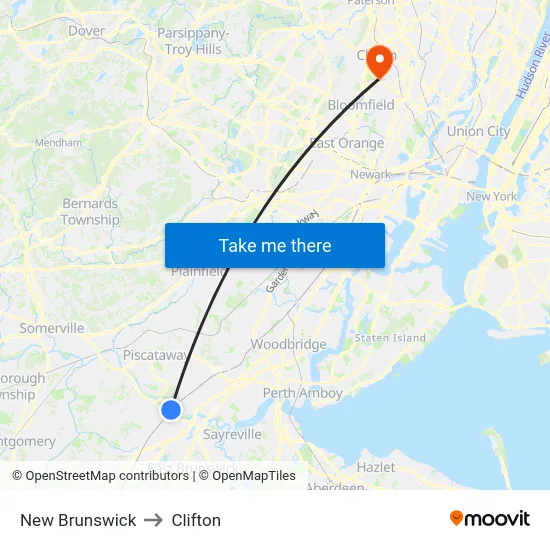 New Brunswick to Clifton map