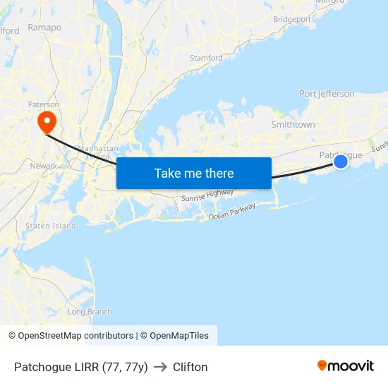 Patchogue LIRR (77, 77y) to Clifton map