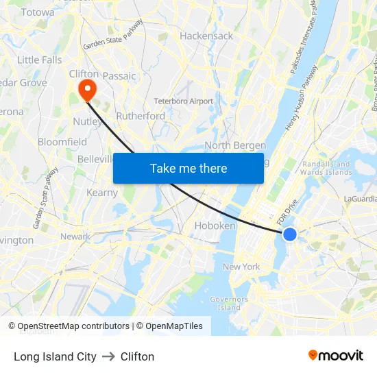 Long Island City to Clifton map