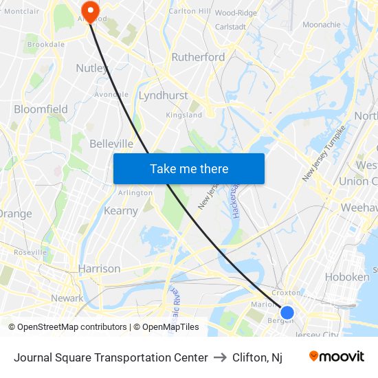 Journal Square Transportation Center to Clifton, Nj map