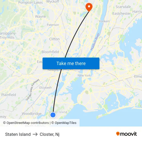 Staten Island to Closter, Nj map