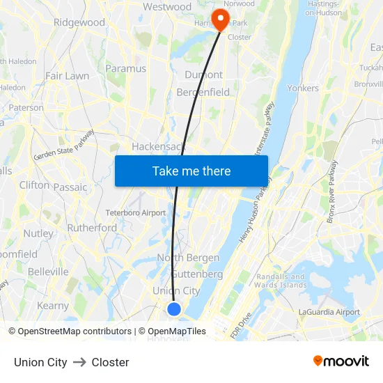 Union City to Closter map