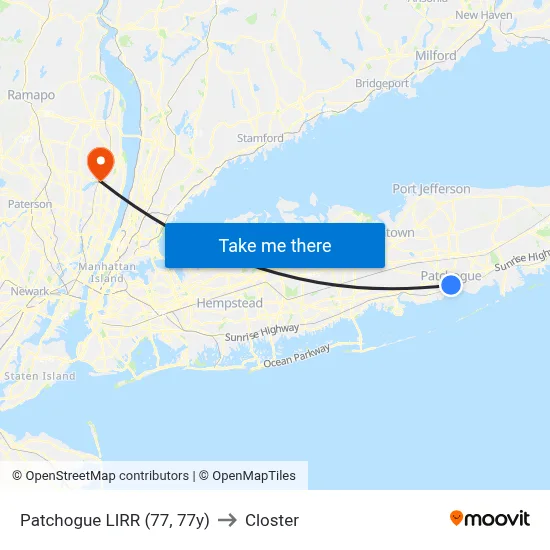Patchogue LIRR (77, 77y) to Closter map
