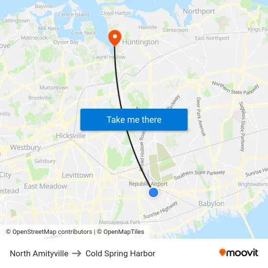 North Amityville to Cold Spring Harbor map