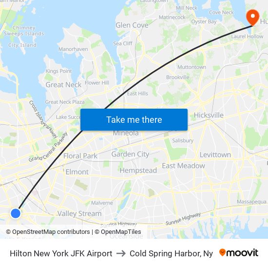 Hilton New York JFK Airport to Cold Spring Harbor, Ny map