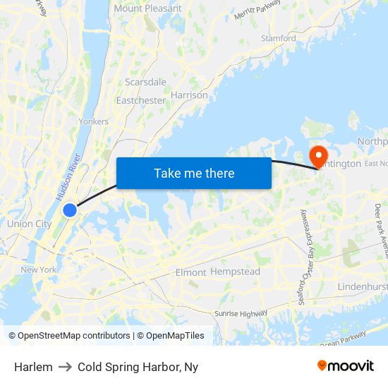 Harlem to Cold Spring Harbor, Ny map