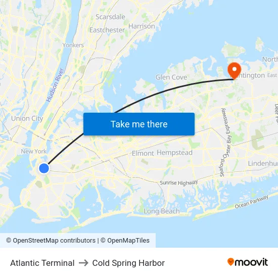 Atlantic Terminal to Cold Spring Harbor map