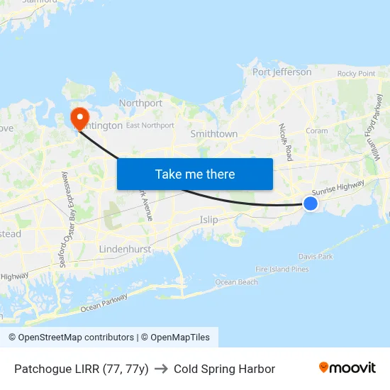 Patchogue LIRR (77, 77y) to Cold Spring Harbor map