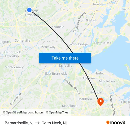 Bernardsville to Colts Neck, Nj map