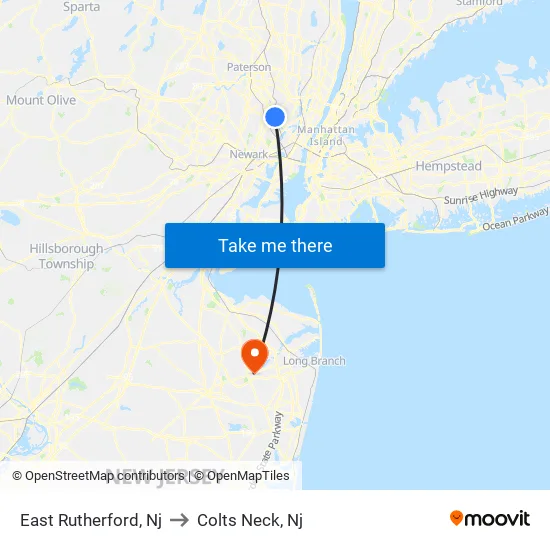 East Rutherford to Colts Neck, Nj map