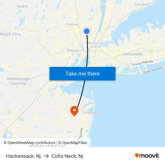 Hackensack to Colts Neck, Nj map