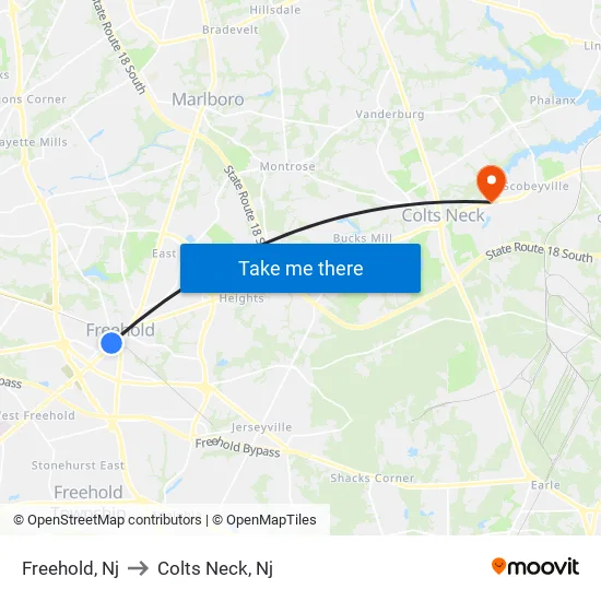 Freehold to Colts Neck, Nj map