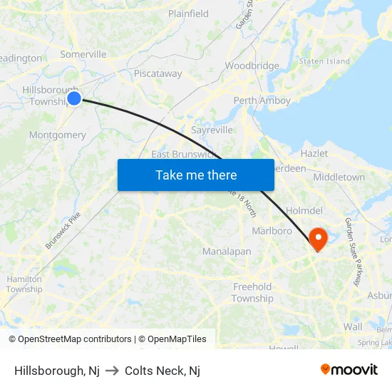 Hillsborough to Colts Neck, Nj map